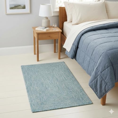 Image of Handmade Cotton Braided 1.5x4 feet Runner Rug - Washable, Low Pile Reversible Floor Mat for Bedroom, Kitchen, Entryway & Living Room - Eco-Friendly Woven Carpet - (Multi Green, Rect)