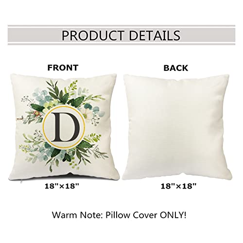Snycler Monogram Letter D Throw Pillow Covers Floral 18X18 Inch, Greenery Spring Pillows Decorative Throw Pillows Pillowcase Summer Farmhouse Decor For Couch Sofa, Family Last Name Initial Pillow Case #TOP1