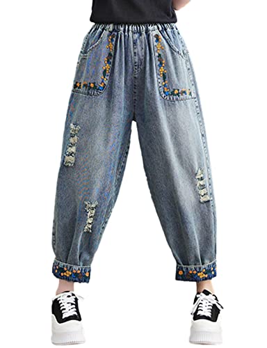 HALITOSS Women's Distressed Denim Jeans Elastic Waist Harem Cropped Pants Casual Ankle Length Trouser