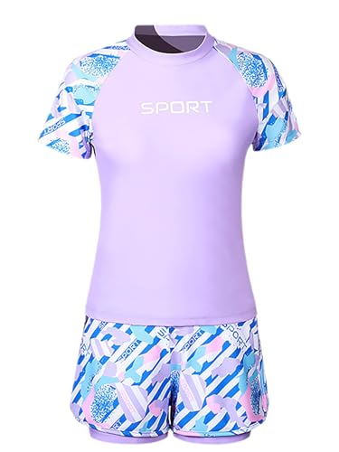 TiaoBug Kids Girls 2 Pieces Athletic Swimsuit Floral Short Sleeve Swim Top with Boyshorts Tankini