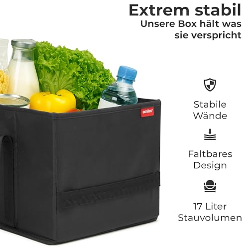 achilles Einkaufstasche faltbar, Smart-Box zum Einkaufen, Tragetasche, Aufbewahrungs-Organizer, Picknickkorb, Transportkiste, Tragekorb, Wieder verwendbare Einkaufsbox, schwarz, 37 cm x 23 cm x 21 cm