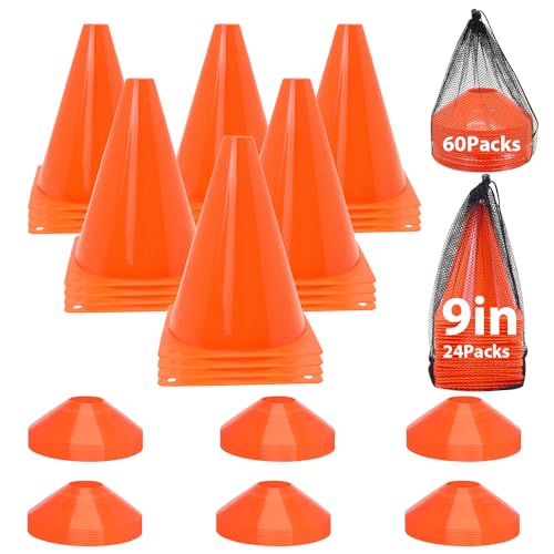 Soccer Cones Set, 24Pcs 9" Cones Sports with 60Pcs Disc Cones & 2Pcs Mesh Bag, Soccer Cones for Training, Cones for Sports Training, Soccer Training Cones(Set of 84, Orange)