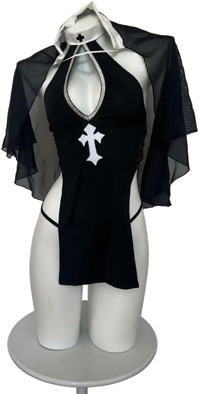 ZYTC Women’s Sexy Nun Lingerie Fancy Dress Anime Cosplay Devil Naughty Outfit Halloween Goth Nun Lingerie with Socks
