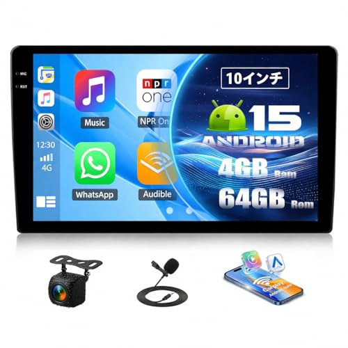 AUOMETO 10インチ 2DIN Android 15 ディスプレイオーディオ カーナビ 4GB RAM+64GB ROM 1280x720 Incellタッチパネル ワイヤレスCarPlay/Android Auto GPS Bluetooth