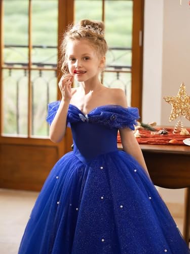 JISISANG Off Shoulder Flower Girl Tulle Tutu Dress for Kids Floor Length Wedding Party Evening Formal Pegeant Dance Gown2
