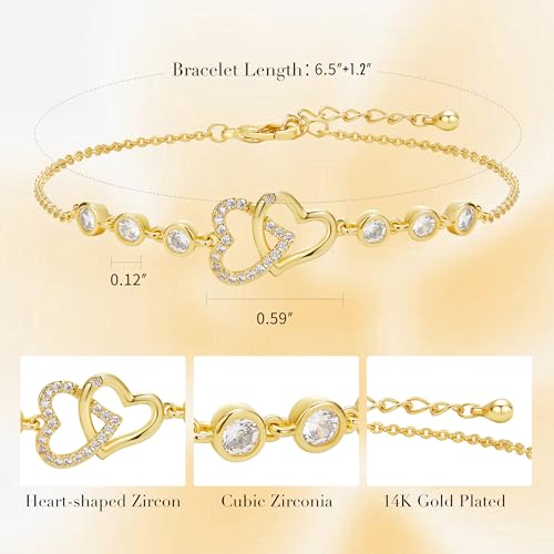 Dainty Adjustable 14k Gold Plated Heart Link Chain Bracelets for Women3