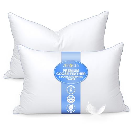 zibroges Feather Pillows Queen Size Set of 2 - Hotel Goose Down Bed Pillow for Sleeping, Soft 600 Thread Count Cotton Cover, Fluffy Support Surround Fill Polyester for Side, Back, Stomach Sleepers