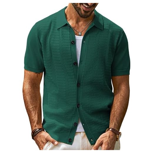 PJ PAUL JONES Camisa polo masculina de malha de manga curta com botões, vintage, texturizada, casual, verão, praia, tops, Verde, GG