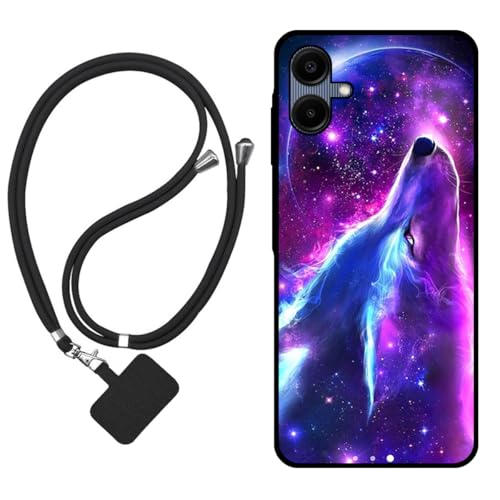 Sunrive Hülle Kompatibel mit Samsung Galaxy A06 Case,matt Handyhülle Schutzhülle Etui Karikatur Muster TPU Backcover (Wolf,Mond,Sterne) +1x Universale Handykette MEHRWEG