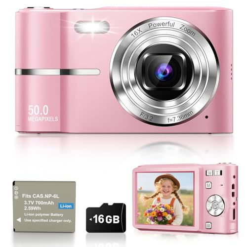 Miniatura 7 de 50MP Camara de Fotos Digital Compacta, 1080P FHD Vlogging Cámara Digital con Pantalla 2,4”, Zoom Digital 16X, Antivibración, Minipuerta Adecuado para Niños Estudiantes, Tarjeta de 16 GB(Rosa)