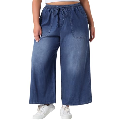 Agnes Orinda Plus Size Women's Wide Leg Jeans Chambray Elastic Waist Baggy Loose Fit Denim Pants with Pockets