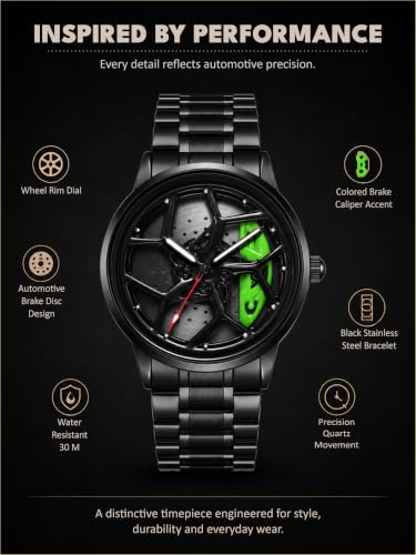 Image of V2A Men's Analog Automotive Inspired Wheel Rim Design Wrist Watch | Stainless Steel Bracelet| Quartz Movement | 30M Water Resistant | Premium Black Metal Strap Watch for Men | Casual & Formal