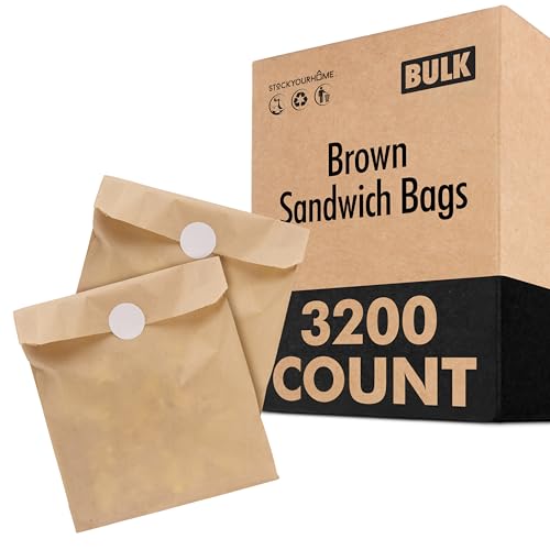 Image of Kraft Brown Sandwich Bags (3200 Pack) - Microwavable Unbleached Natural Kraft Paper Bags, Food Grade Grease-Resistant Bags for Pastries, Cookies, Snacks - Biodegradable & Compostable - Stock Your Home