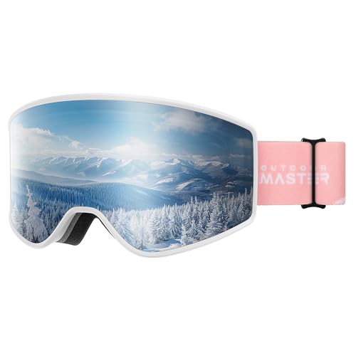 OutdoorMaster Pulse Ski Goggles, Frameless OTG Cylindrical Snow Goggles with Lock & Fit Lens Change System for Men, Women & Youth, Silver Vlt 15%