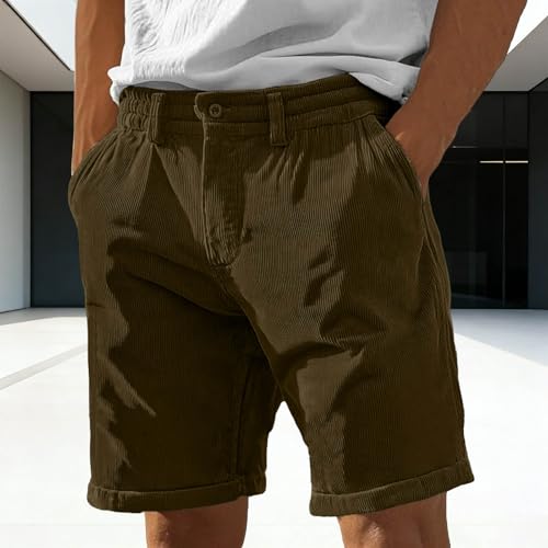 Image of Mens Corduroy Shorts Casual Elastic Waist Button Summer Beach Shorts Lightweight Comfy Short for Men with Pockets