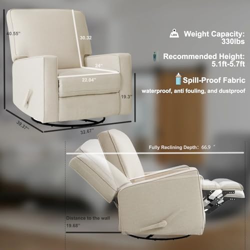 Harkawon Swivel Rocker Recliner Chair, Glider Rocker Recliner, Rocking Chair Nursery, Fabric Chair with High Back, Deep Seat, for Living Room, Bedroom, Beige - Image 4