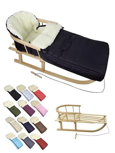 BambiniWelt Holzschlitten mit Rückenlehne & Zugseil + Winterfußsack 108 cm – warmes Thermofleece, wasserabweisend – Kombi-Set für Kinderwagen & Buggy, Farbe: schwarz