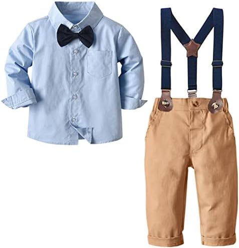 Baby Boys Clothes, Long Sleeves Dress Shirt and Suspender Khaki Pants Set Tuxedo Gentlemen Outfit with Bow Tie for Newborn Toddlers Baby Boys, Light Blue, Tag 90 = 18-24 Months