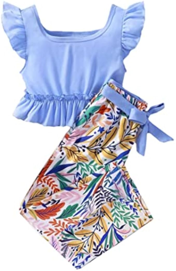 FERWANG Kids Big Girls Summer 2 Piece Outfits Floral Ruffle Hem Top & Plants Print Pants for 5-12Y