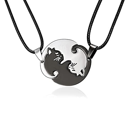 MISS RIGHT Cat Yin Yang Necklaces for Women Men Girls, Stainless Steel Couples Puzzle BFF Necklace for 2, Cat Lovers Gifts (Round Cat | Black&White)