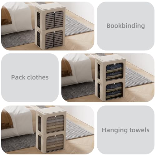 Image of FHSQX 2 Pack Clear Window Storage Bins - Large Stackable Linen Fabric Storage for Clothes Foldable Container Organizer Set with Carrying Handles (Beige, 16.5x 12.2x 12.2Inch)