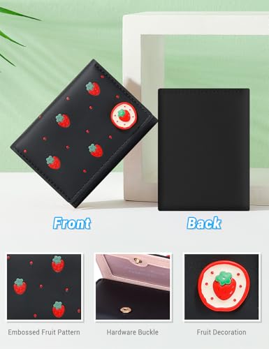 YINHEXI Wallet Women, Small Cute Womens Wallet with Fruit Pattern, PU Leather Trifold Card Holder with 7 Card Slots and ID Window (Black Strawberry)4