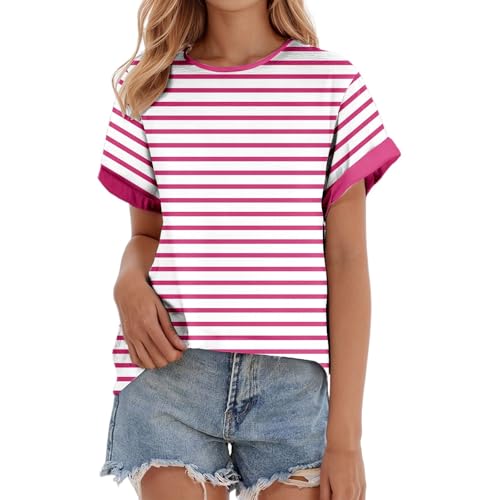 T-shirt rayé à manches courtes pour femme avec col rond classique en coton
