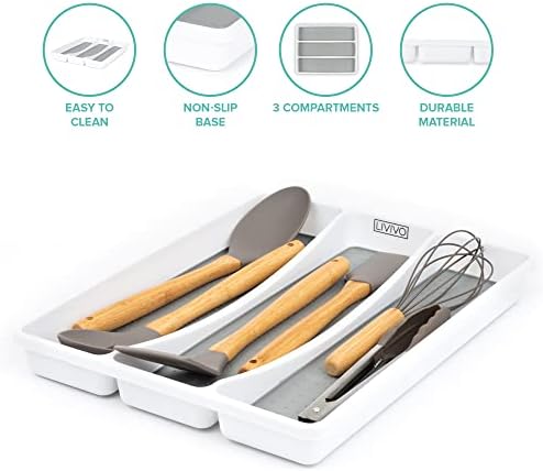LIVIVO 3 Compartment Cutlery Tray with Grey and White Colouring for Kitchen Forks, Spoons, Knives and Utensils, Makeup, Cosmetics, Garage, Tools, Home and Office, Non Slip Multipurpose Divider