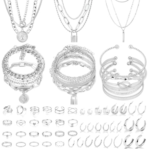 Image of CHICUTIE Gold Jewelry Set For Women,14k Gold Plated Multi Layer Necklaces Bracelets Hoop Earrings Set Stackable Knuckle Rings, Trendy Elegance Charms Non Tarnish Minimalist Textured Boho Jewelry Gift