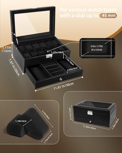 Image of Uten 12-Slot Watch Box, 2-Layers PU Leather Watch Case with Glass Lid, Watch Holder Organizer with Soft Pillow and Velvet Lining, Watch and Jewelry Storage Box, Black