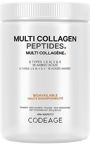 Codeage Multi Collagen Protein Powder Hydrolyzed, Type I, II, III, V, X, Grass Fed All in One Super Bone Broth and Collagen, 8.9 Ounces