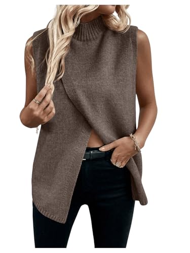Verdusa Women's Fall Outfits Sweater Vest Mock Neck Sleeveless Knit Tops 2025 Trendy Pullovers Coffee Brown Medium