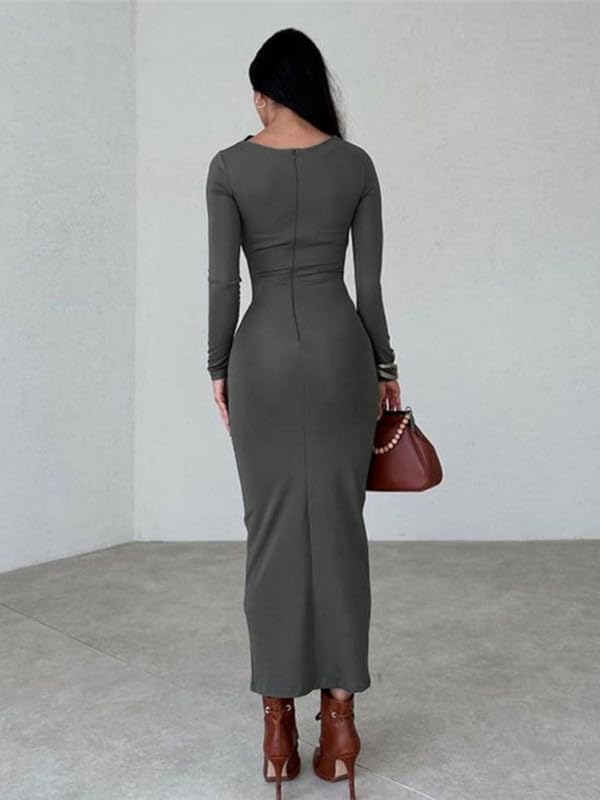Haibang Robe Longue Moulante Sexy à Col Rond pour Femme Bodycon Maxi Slim Fit Élégante pour Soirée Cocktail Party Fête Club Disco Nuit Bal Casual