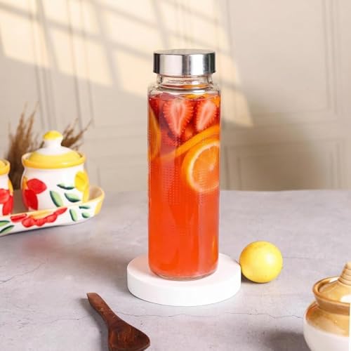 Image of CROCO JAR Wide Mouth Glass Water Bottle with Leak-Proof Airtight Double Layer Stainless Steel Lid for Water, Smoothie, Juices (500ML STEEL PK4)