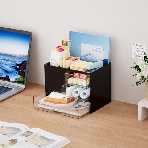 Image of Shuttle Art Black Desk Organizer with 3 Drawers & 5 Compartments | Multi-Functional Pen Pencil Holder for Office, Home & Study Table | Desktop Storage Box for Stationery, Art Supplies & Accessories