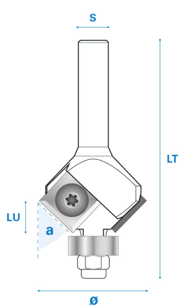Frez do fazowania z łożyskiem kulkowym i nożem dwustronnym z twardego metalu, bieg prawostronny, ostrze 2, długość robocza 6,5 mm, długość całkowita 60 mm, trzpień 8 x 30 mm