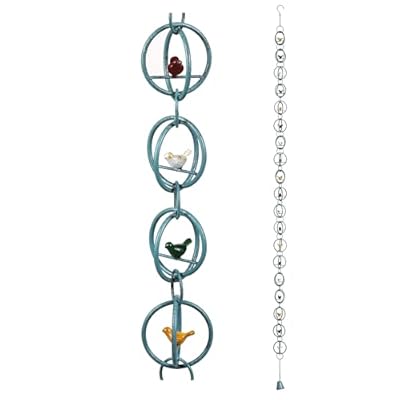 Phaxth Colorful Birds in a Cage Rain Chain for Heavy Rain, Functional and Decorative Replacement Downspout Chain for Outside, Metal Rain Catcher Chain for Gutters, 8.5FT, Antique Blue