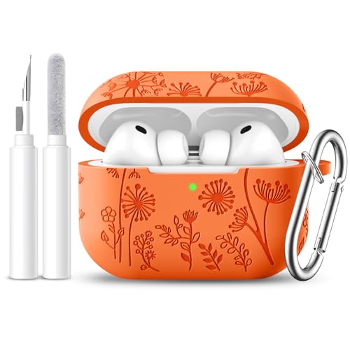 Lerobo for AirPods Pro 3 Case, Flower Engraved Silicone Protective Cover with Cleaner Kit & Keychain for Men and Women Compatible with Apple AirPod Pro 3 Case Cover,Wireless Charging,Orange