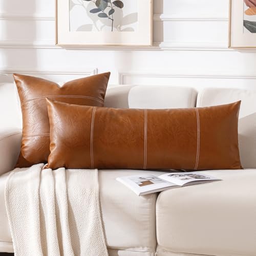 Image of Fancy Homi Brown Boho Long Lumbar Faux Leather Body Decorative Throw Pillow Cover 14x36 Inch for Bedroom Couch Bed Sofa Bench, Hand Stitched Stylish Pillowcase, Rustic Modern Farmhouse Room Decor