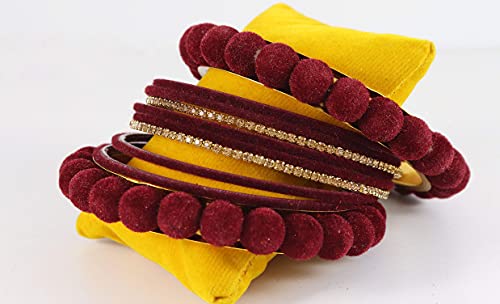 Image of NMII Stylish Metal with Golden Zircon Stone & Velvet Balls Bangles Set For Women and Girls | Fancy Designer Bangles | Short Velvet Chuda Set | Women's Fashion Jewellery