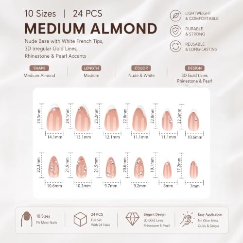Nude Pearl Gold French Press on Nails Medium Almond Fake Nails Kit 24PCS — view 6
