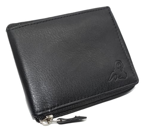 RFID Blocking Cowhide Leather Zip-Around ID Bifold Wallet for Men with Gift Box (Black)