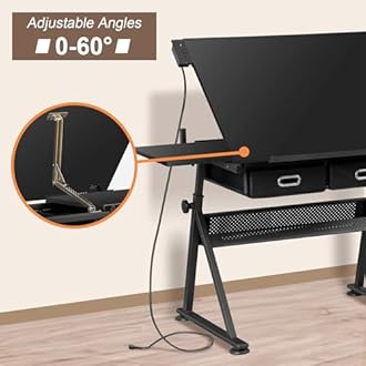 ZENY Adjustable Drafting Table with Stool, Tilting Drawing Desk Artist Table with Storage Drawers, Art Craft Workstation for Home Office Reading, Writing, Crafting (Black-with Outlet)