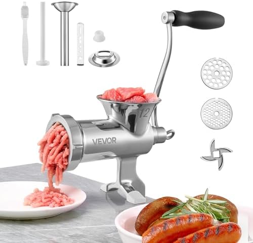 Polished stainless steel hand-crank meat grinder with a wide hopper, a side crank handle and a screw clamp under the body