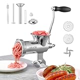 VEVOR manuelle Fleischwolf Hand Wurstfüller 304 Edelstahl, 4,5 & 8 mm Schneidplatten Handfleischwolf Fleischmaschine mit Wurstrohr, geeignet für Fleisch Schleifen Wurstfüllung Silber
