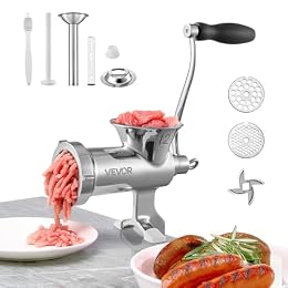 VEVOR Manual Meat Grinder, 304 Stainless Steel Meat Grinder with Steel Table Clamp, #12 Meat Mincer Sausage Maker & 2 Cutting Plates, Cookie Attachment, Sausage Tube for Beef Pepper Mushroom Cookie