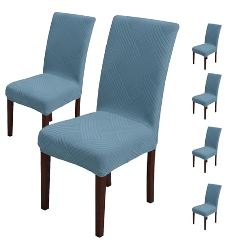 Image of House of Quirk Elegant Jacquard Chair Cover - 220 GSM Stretch Fabric, Universal Fit, Washable Short Dining Seat Protector Slipcover (Light Blue, Pack of 6)