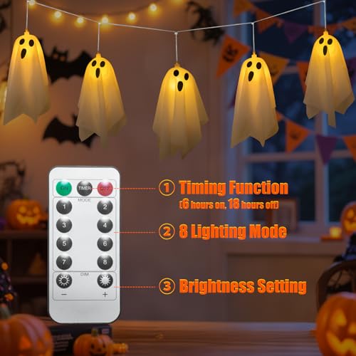 Zodight Ghosts of Halloween String Lights, 3M 10LED Hanging Ghosts 8 Modes Fairy Light with Remote Control, Battery Operated Decoration Indoor Outdoor for Halloween Decoration - Image 6