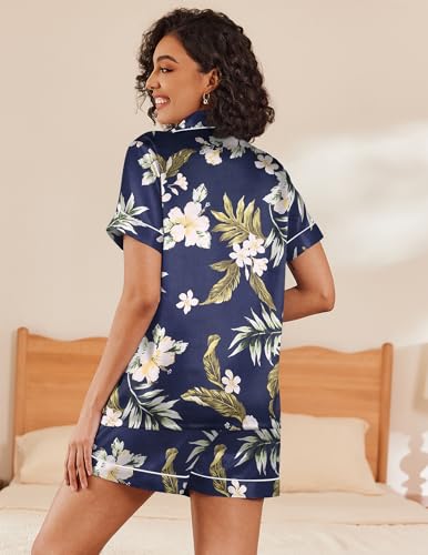 Image of Ekouaer Womens Silk Satin Pajama Sets Summer Short Sleeve Button Down Sleepwear Top and Shorts 2 Piece Pjs Lounge Set,Floral Navy White,L