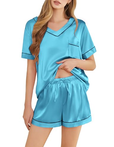 Image of Silk Pajamas for Women Short Sleeve Satin 2 Piece Pj Set Soft V Neck Sleepwear Loungewear, S-XXL